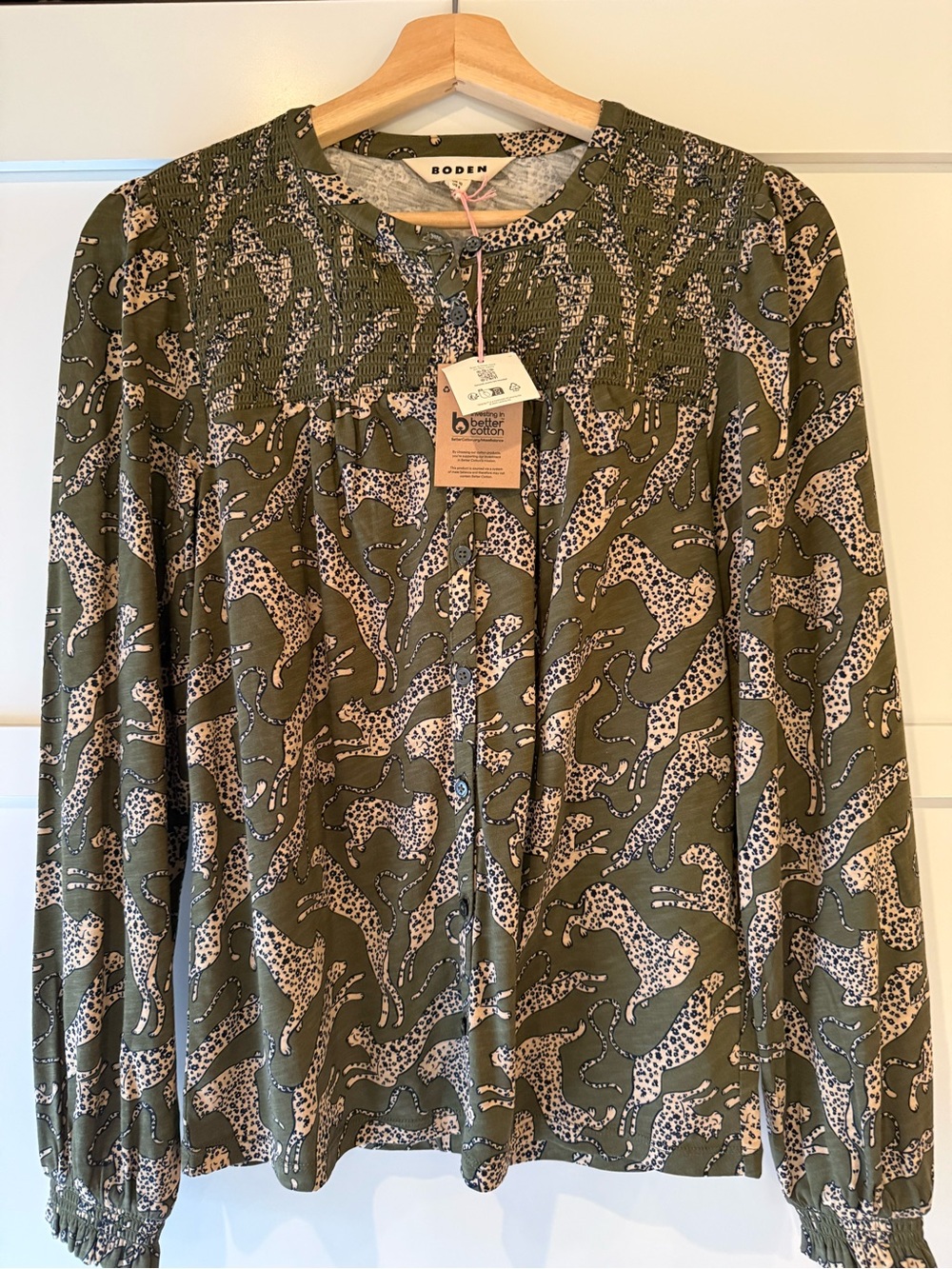 Boden Olive and Cream Leopard-Print Long Sleeve Blouse